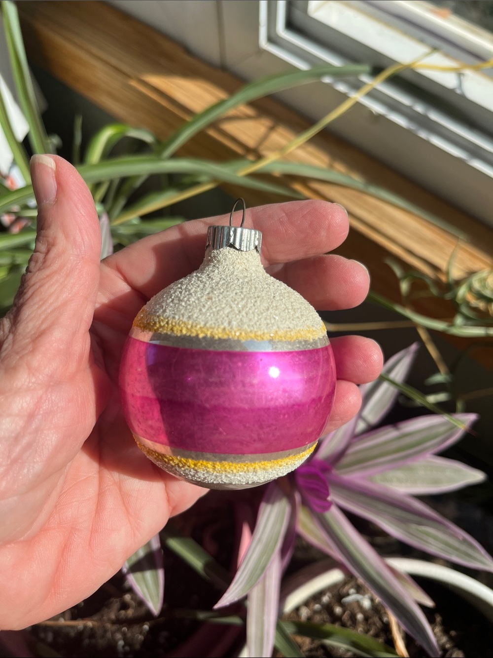 Vtg Shiny Brite Christmas Ornament Silver Pink Stripes White Yellow Mica USA